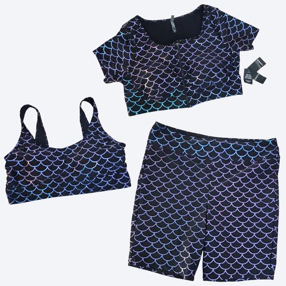 Torrid 2X Mermaid Scale Swim Set: Short Sleeve Top, Sleeveless Top, Bike Short - Picture 2 of 13